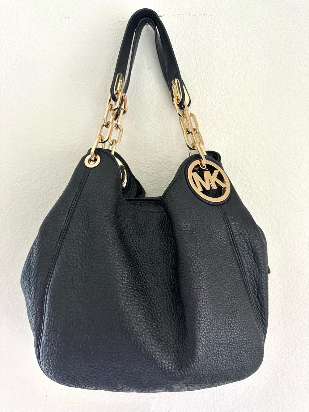 Michael Kors Fulton Large Black Pebbled Leather Shoulder Tote Bag Gold Hardware